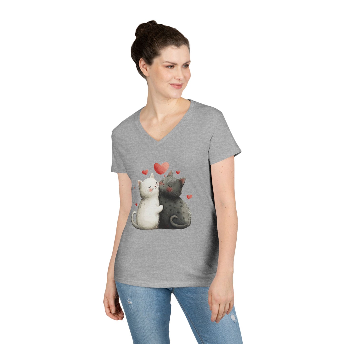 Cute Cat Love V-Neck T-Shirt, Animal Lover Gift, Valentine's Day Shirt, Cat Mom Gift, Cute Graphic Tee