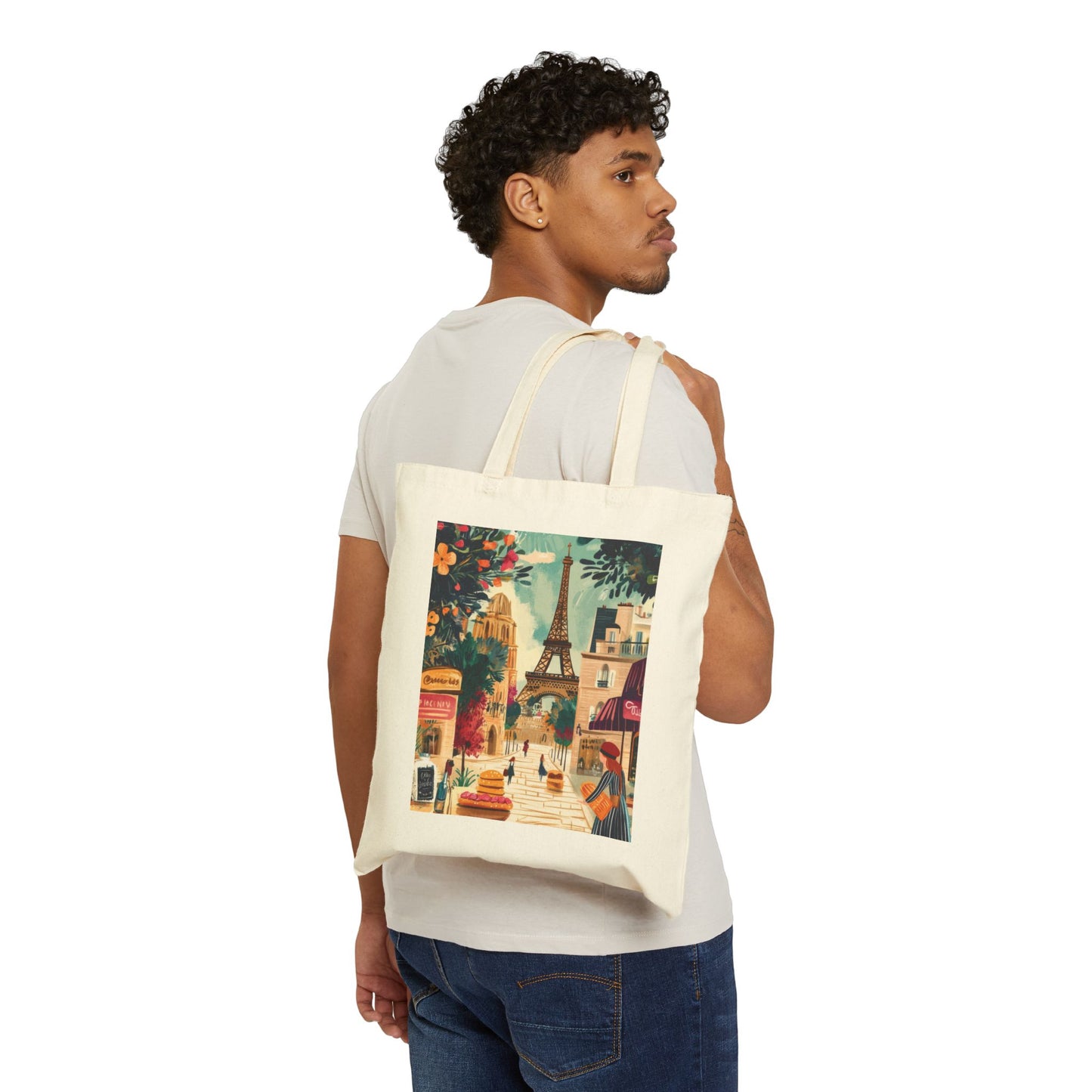 Parisian Scene Cotton Canvas Tote Bag, Eco-Friendly Shopping Tote, Travel Bag, Gift for Her, Fashionable Carryall