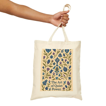 The Art of Quiet Power Tote Bag, Elegant Blue Floral Pattern Canvas Bag, Minimal Botanical Turkish Tile Inspired Gift Bag