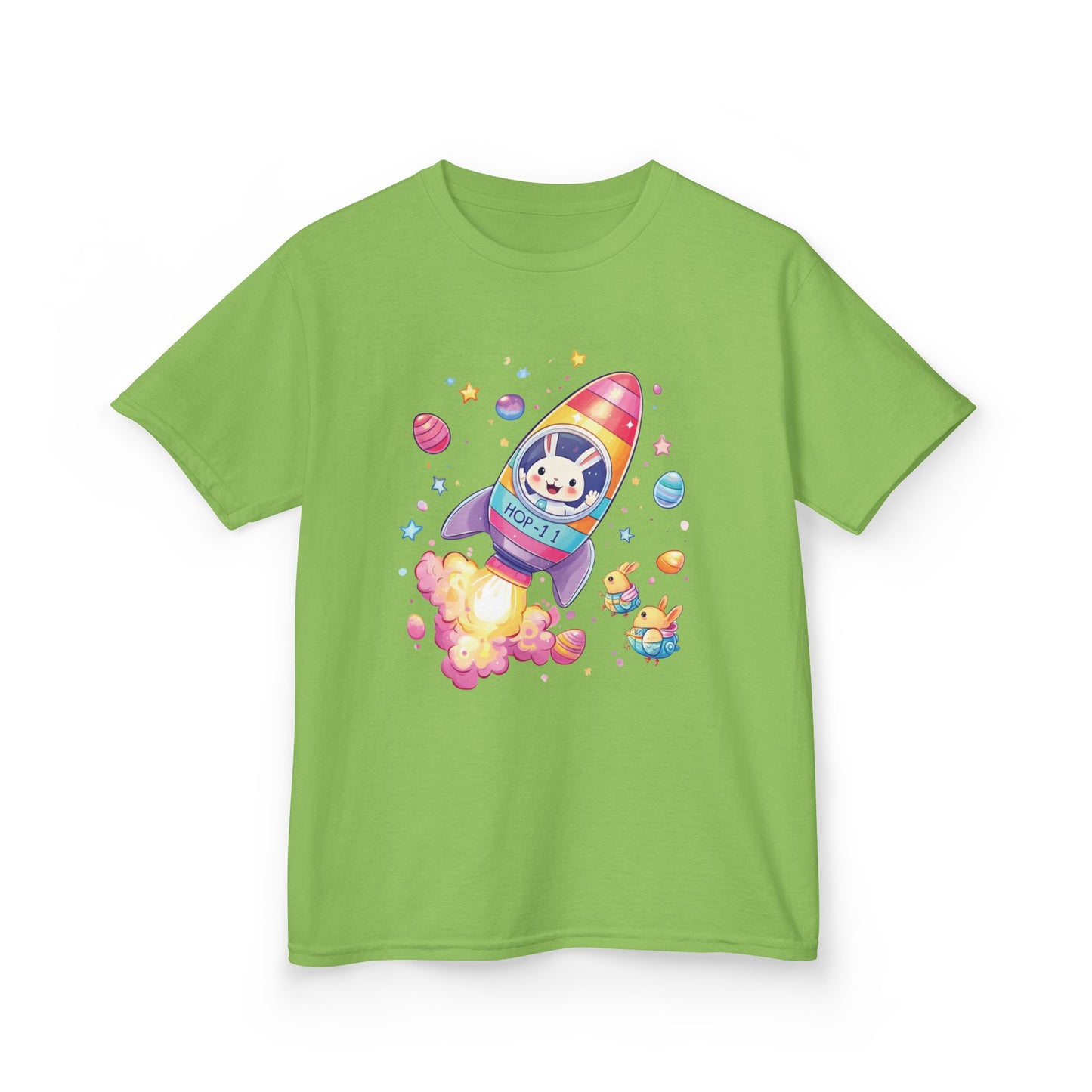 Easter Astronaut Bunny Kids T-Shirt - Cute Space Rocket Bunny with Colorful Eggs, Fun Spring Tee for Boys and Girls, Holiday Gift Idea