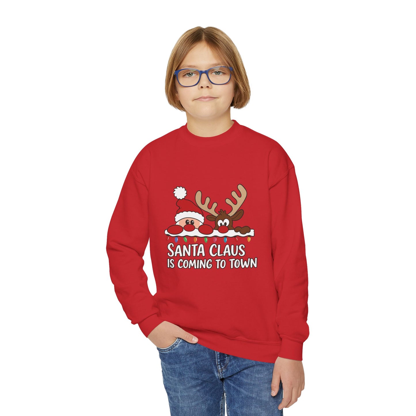Santa Claus Is Coming to Town Kids Christmas Sweatshirt, Cute Santa - Reindeer Holiday Jumper
