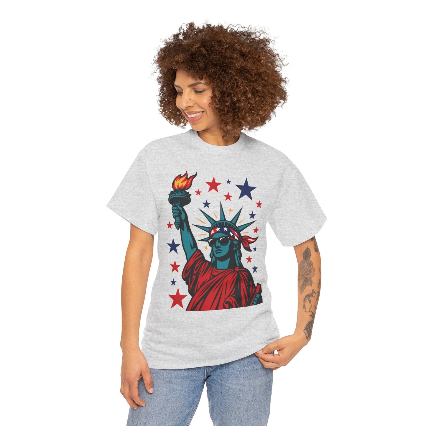 Lady Liberty Pop Art T-Shirt, Patriotic 4th of July Women’s Tee, Retro USA Bandana Statue Shirt