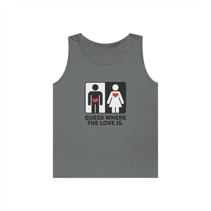 Cute Guess Where The Love Is Mens Tank, Couples Gift, Valentines Day Gift, Relationship Humor Shirt, Funny Tank for Him, Bold Love Joke Tank