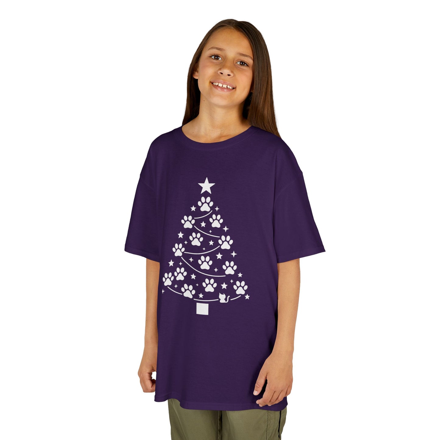 Paw Christmas Tree Girls Youth T-Shirt, Cute Pet Lover Holiday Tee