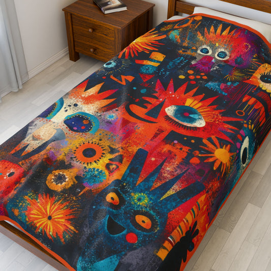 Abstract Psychedelic Faces Blanket, Colorful Boho Art Throw, Vibrant Mid Century Modern Blanket, Eye Pattern Retro Decor, sizes: 60x80".