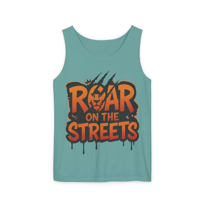 Mens Garment-Dyed Tank Top, Roar on the Streets Lion Graphic Mens Tank Top