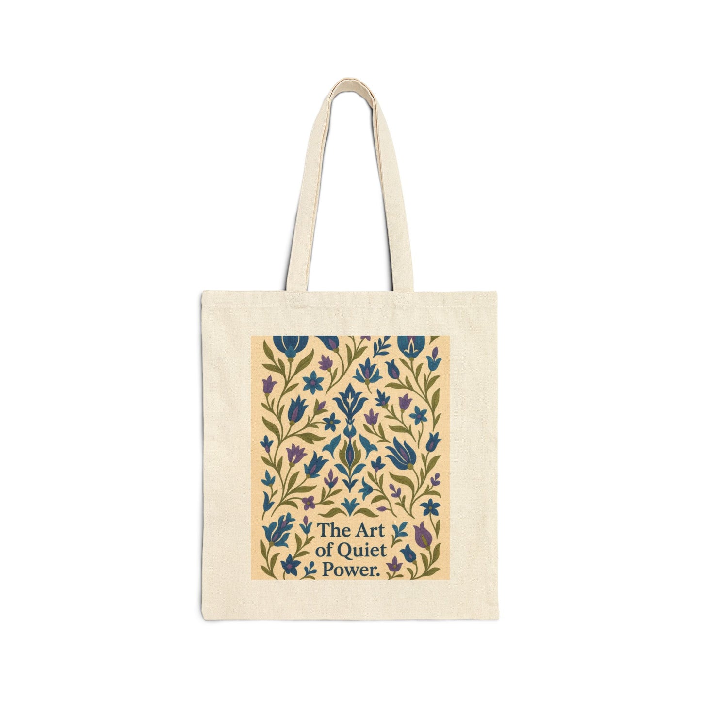 The Art of Quiet Power Tote Bag, Elegant Blue Floral Pattern Canvas Bag, Minimal Botanical Turkish Tile Inspired Gift Bag