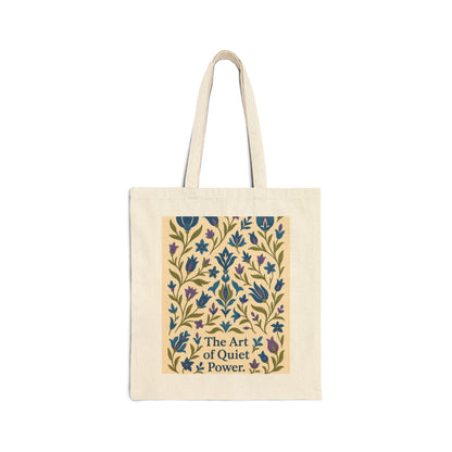 The Art of Quiet Power Tote Bag, Elegant Blue Floral Pattern Canvas Bag, Minimal Botanical Turkish Tile Inspired Gift Bag