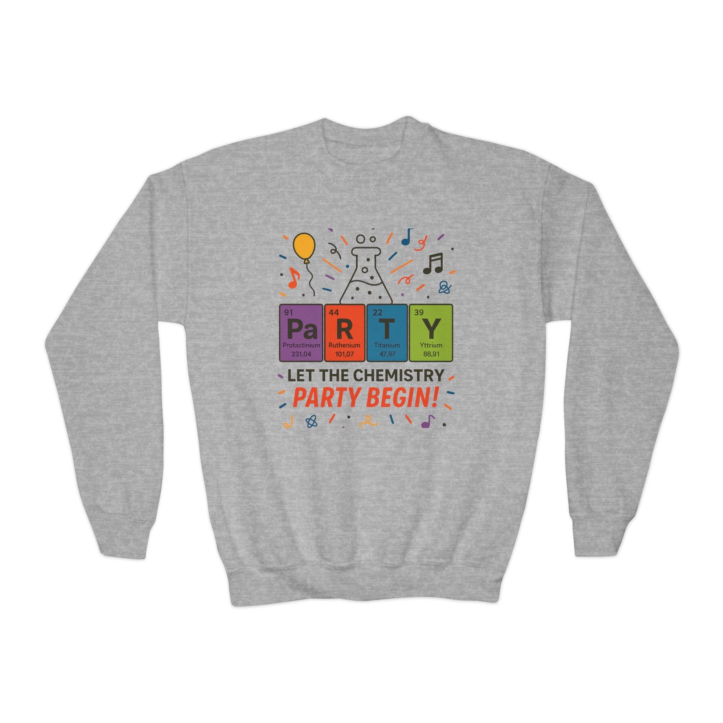 Fun Chemistry Party Youth Crewneck Sweatshirt, Gift for Science Lovers, Birthday Sweatshirt, Kids Party Apparel, Science-Themed Gift