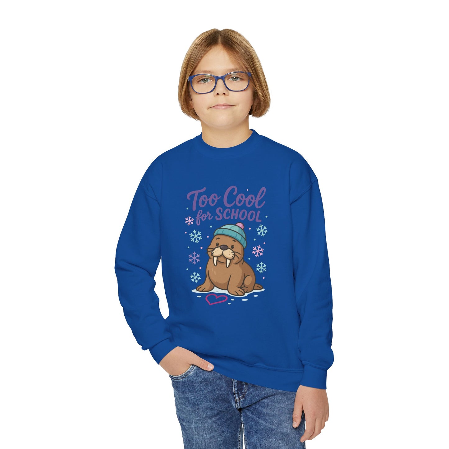 Youth Crewneck Sweatshirt, Kids Too Cool for School Walrus Sweatshirt, Funny Animal Pullover, Cute Winter Top