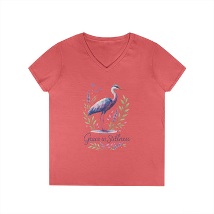 Ladies' V-Neck T-Shirt with Heron Design - Grace in Stillness, Relaxed Fit, Nature-Inspired Gift, Travel Tee, Summer Fashion