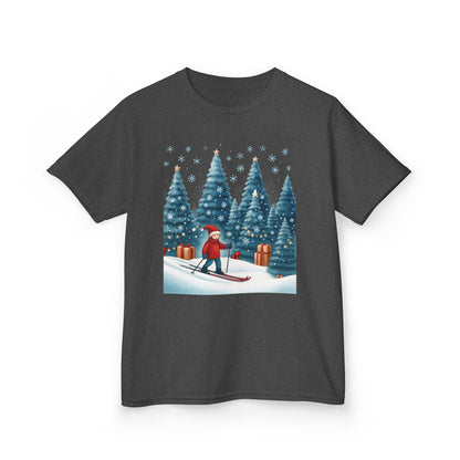 Kids Christmas Skiing T-Shirt, Cute Winter Holiday Graphic Tee, Kids Heavy Cotton™ Tee