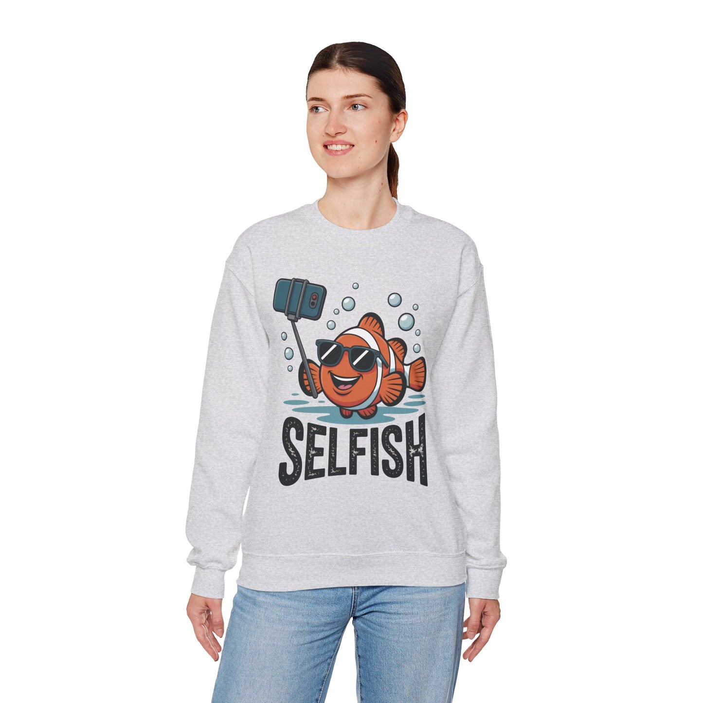 Unisex Heavy Blend™ Crewneck Sweatshirt, Mens Selfish Funny Fish Sweatshirt, Cute Selfie Pullover, Ocean Humor Top