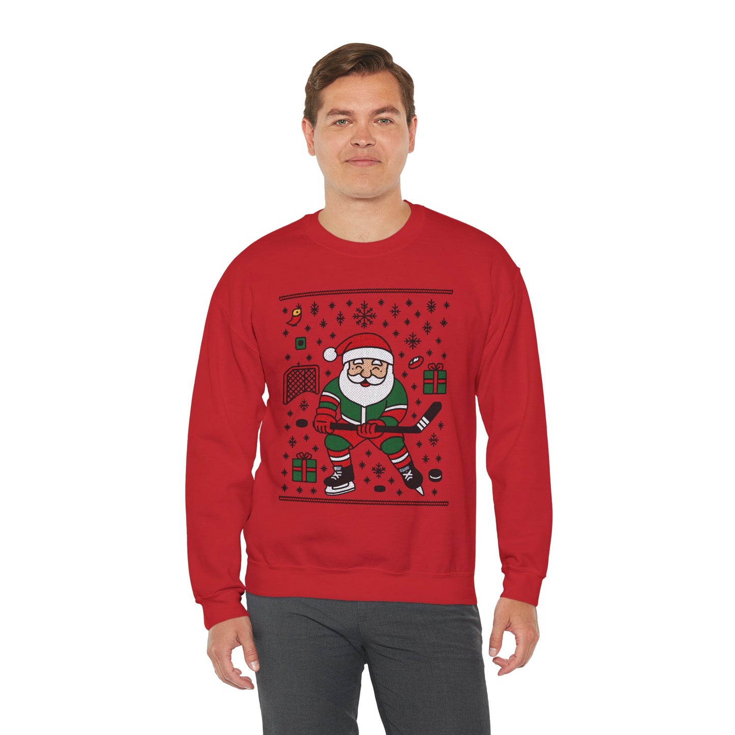 Hockey Santa Men's Christmas Sweatshirt, Funny Sports Holiday Jumper