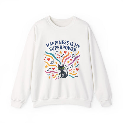 Playful Cat Crewneck Womens Sweatshirt, Happiness is My Superpower, Cozy Sweatshirt, Gift for Cat Lovers, Fun Casual Style, Unique Animal Design