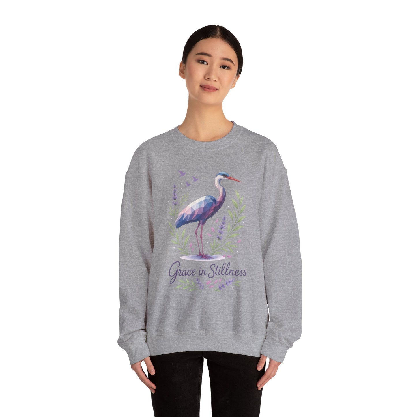 Polygonal Heron Graphic Sweatshirt, Women's Artistic Bird Crewneck, Nature-Inspired Minimalist Design, Geometric Crane, Bird Lovers Gift