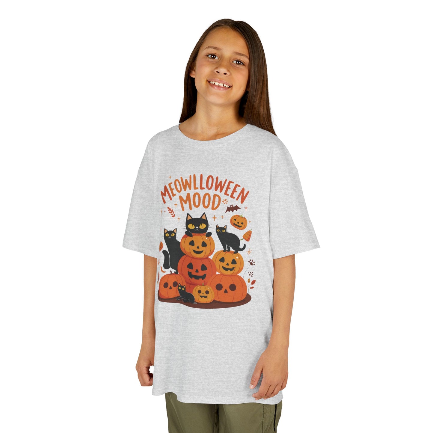 Meowlloween Mood Kids Shirt, Cute Black Cat Halloween T-Shirt for Girls and Boys, Funny Pumpkin Cat Tee, Cozy Fall Cat Lover Gift
