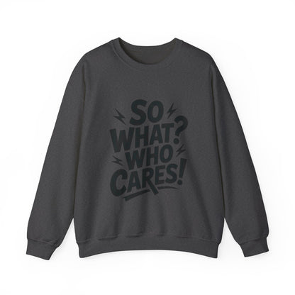 So What? Who Cares! Funny Mens Crewneck Sweatshirt, Bold Statement Design, Lightning Graphic Pullover, Rebellious Urban Humor