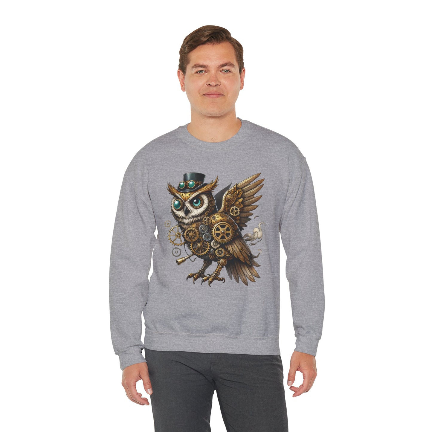 Steampunk Owl Unisex Crewneck Sweatshirt, Vintage Mechanical Gears Fantasy Bird Graphic Pullover, Gift for Owl Lovers