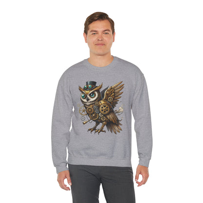 Steampunk Owl Unisex Crewneck Sweatshirt, Vintage Mechanical Gears Fantasy Bird Graphic Pullover, Gift for Owl Lovers