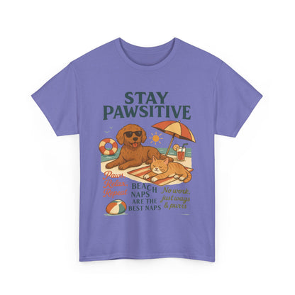 Stay Pawsitive Womens T-Shirt, Cute Dog & Cat Beach Shirt, Summer Pet Lover Tee, Animal Graphic Heavy Cotton Tee, Fun Pet Lovers Gift