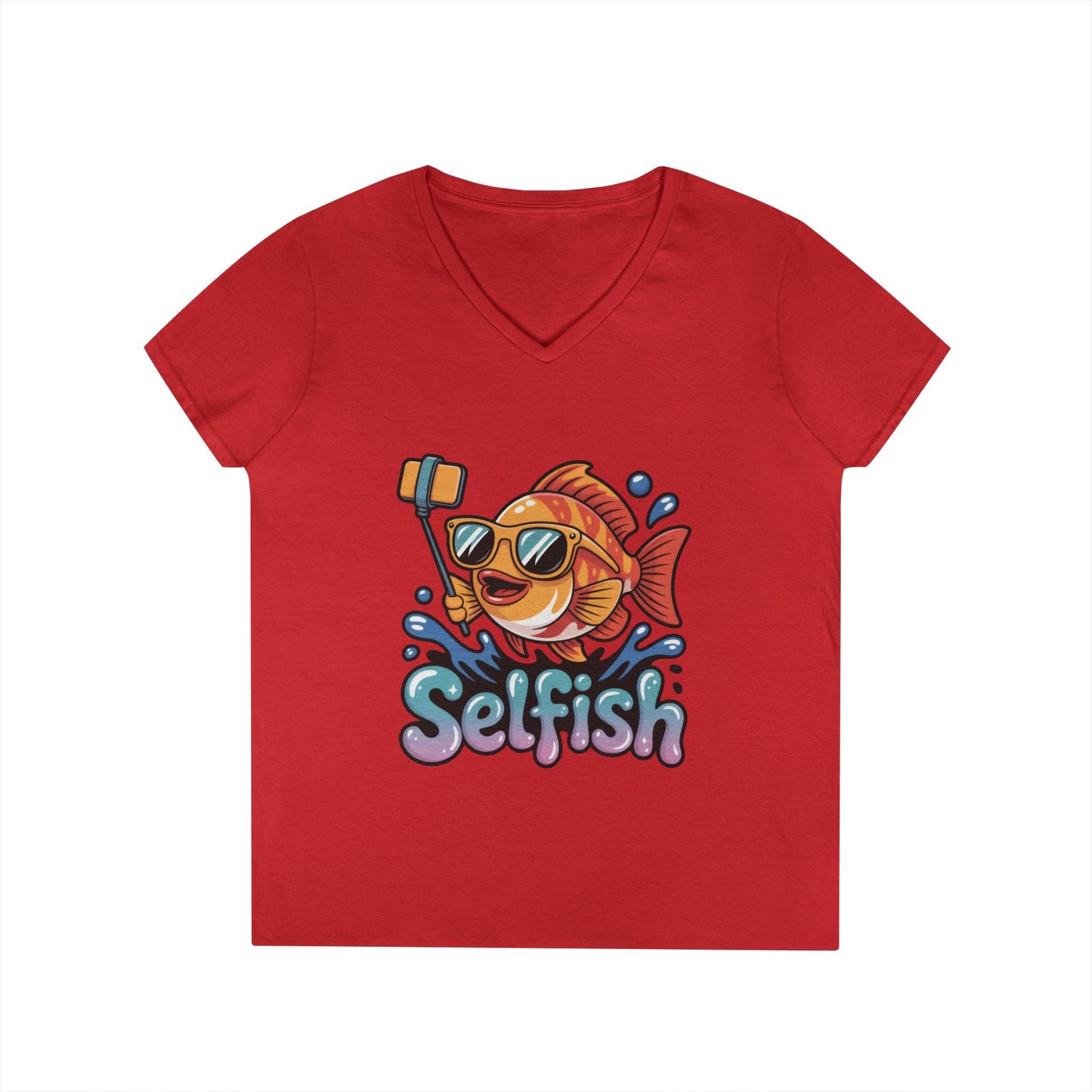 Ladies' V-Neck T-Shirt, Funny Selfie Fish Graphic Womens Tee, Playful Pun Gift for Her, Summer Vibes, Unique Beach Shirt, Outdoor Adventures