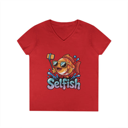 Ladies' V-Neck T-Shirt, Funny Selfie Fish Graphic Womens Tee, Playful Pun Gift for Her, Summer Vibes, Unique Beach Shirt, Outdoor Adventures