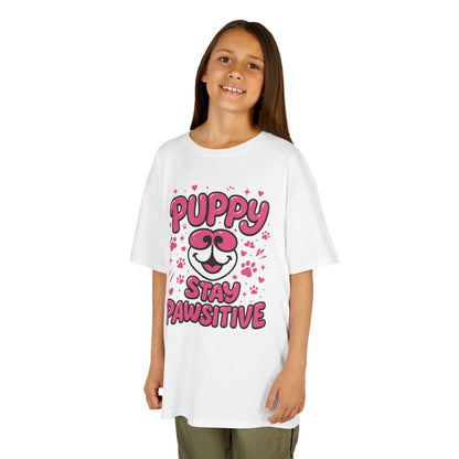 Puppy Stay Pawsitive Youth T-Shirt - Cute Positive Dog Shirt for Teens - Fun Puppy Paw Graphic Kids Tee, Kids Gift, Pet Lover Shirt