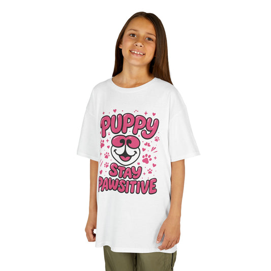 Puppy Stay Pawsitive Youth T-Shirt - Cute Positive Dog Shirt for Teens - Fun Puppy Paw Graphic Kids Tee, Kids Gift, Pet Lover Shirt