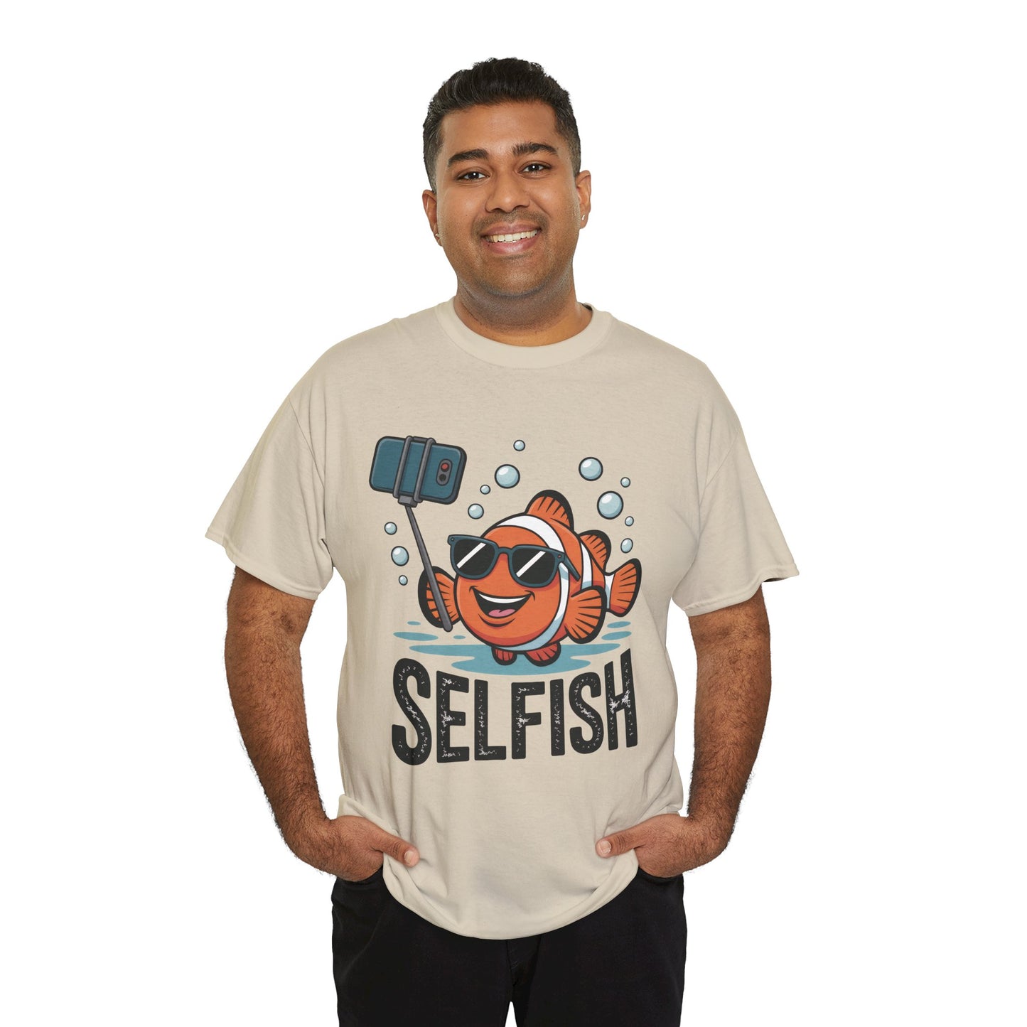 Unisex Heavy Cotton Tee, Mens Selfish Funny Fish T-Shirt, Cute Selfie Graphic Tee, Ocean Humor Shirt