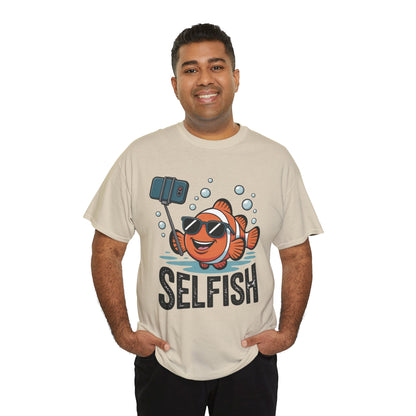Unisex Heavy Cotton Tee, Mens Selfish Funny Fish T-Shirt, Cute Selfie Graphic Tee, Ocean Humor Shirt
