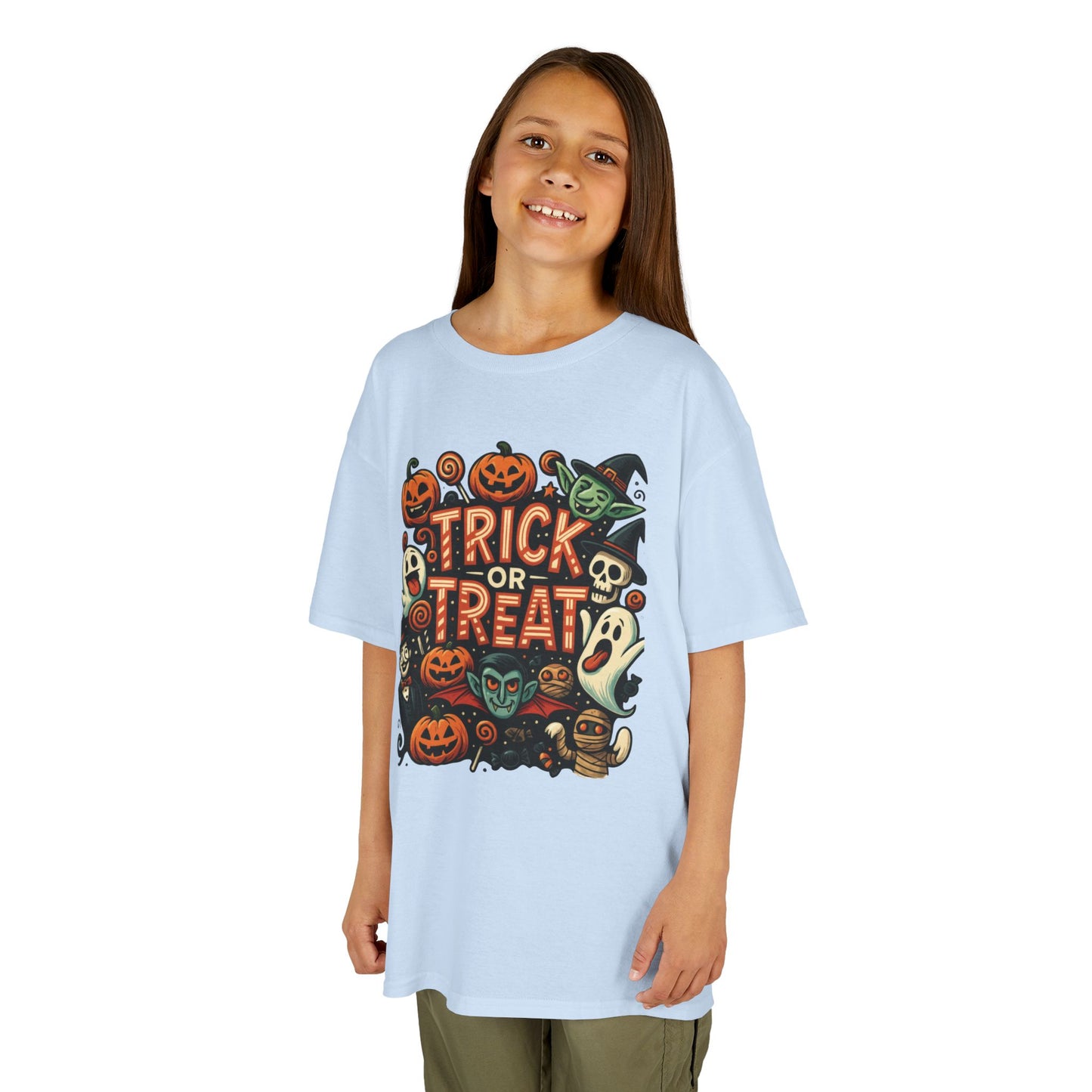 Kids Trick or Treat T-Shirt, Halloween Graphic Tee with Pumpkins, Ghosts & Vampires, Fun Spooky Shirt for Children