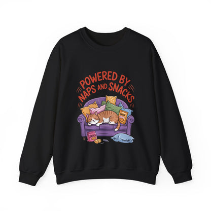 Powered by Naps and Snacks Sweatshirt, Cozy Lounge Crewneck, Gifts for Cat Lovers, Funny Cat Sweatshirt, Casual Everyday Wear