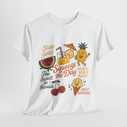 Cute Fruit Pun T-Shirt for Women, Summer Graphic Tee, Kawaii Watermelon Pineapple Ice Cream Design, Squeeze the Day Shirt, Stay Juicy Top