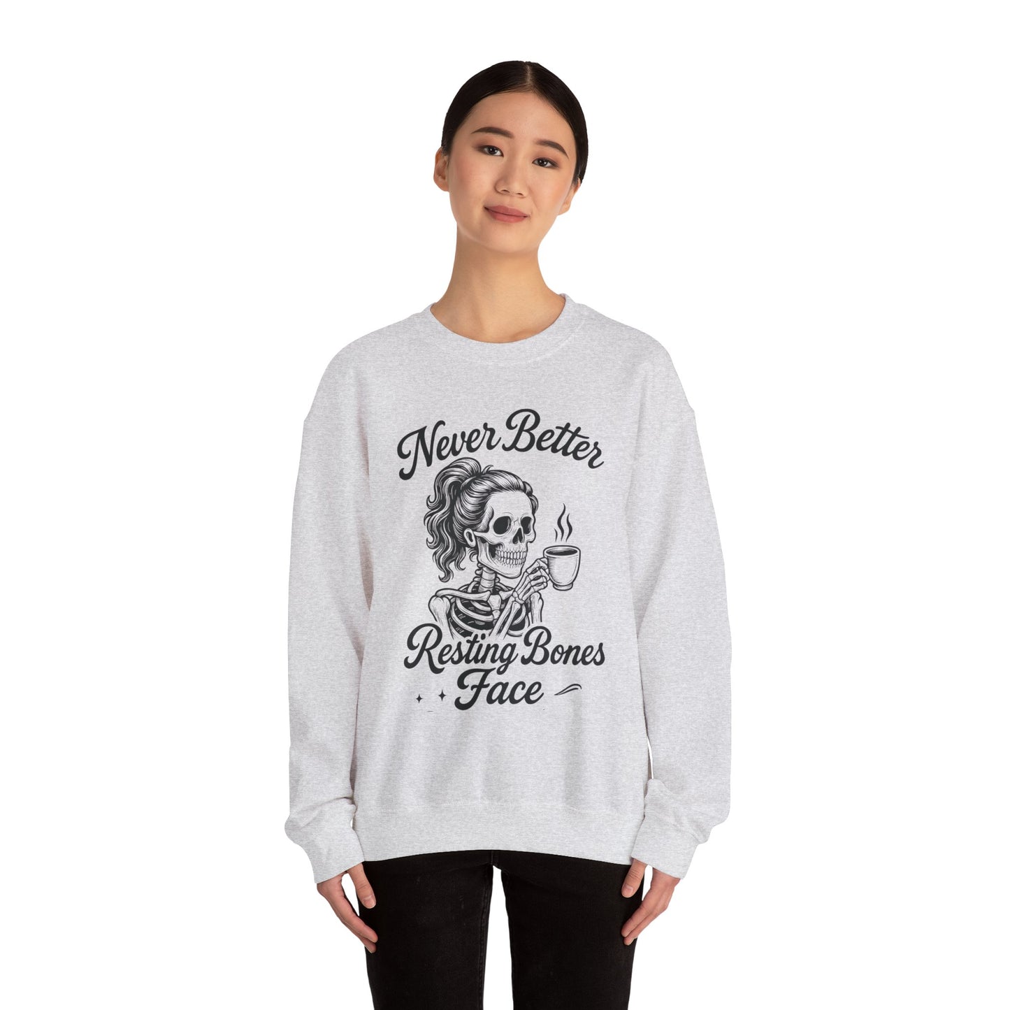 Skull Coffee Lovers Crewneck Sweatshirt, Womens, Perfect for Halloween, Cozy Outfit, Gift for Friends, Relaxing Days, Coffee Enthusiasts