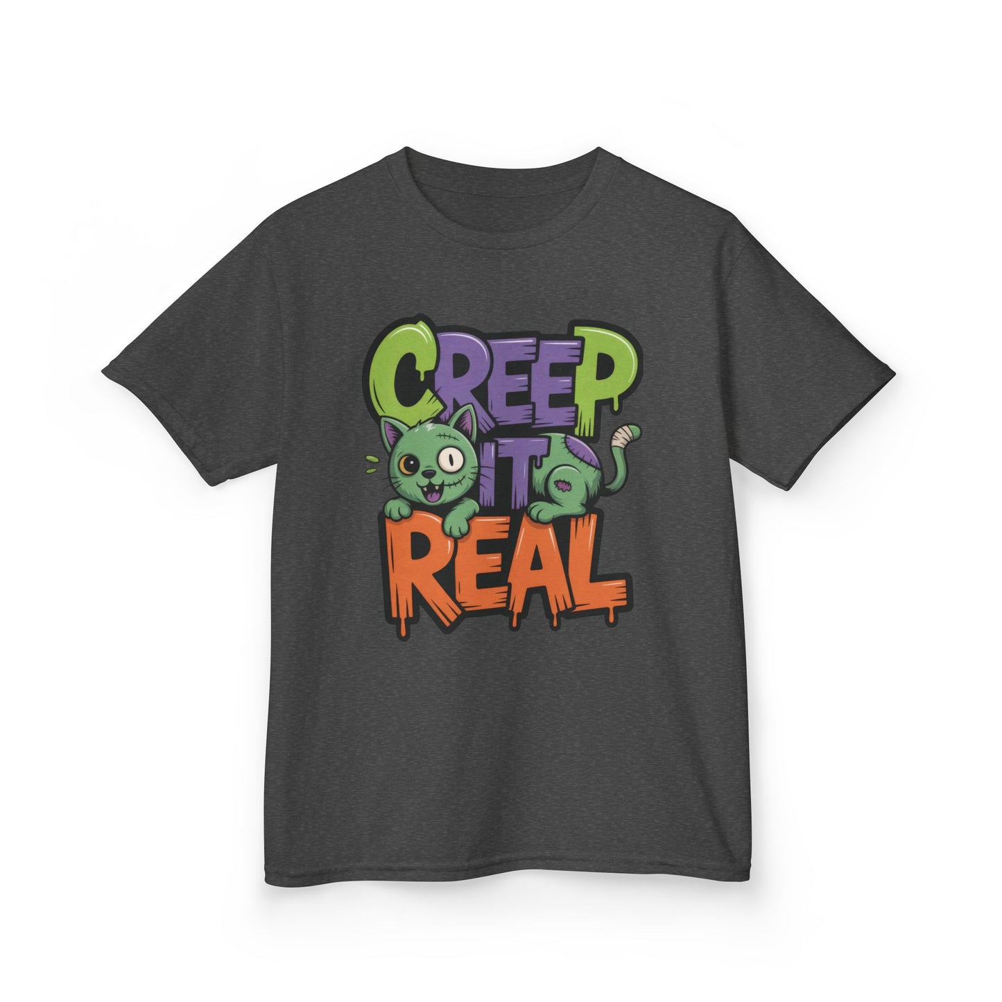 Creep It Real Kids Halloween Shirt, Cute Zombie Cat Graffiti Style T-Shirt for Boys & Girls