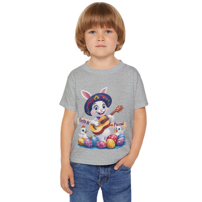 Fiesta de Pascual Toddler T-Shirt, Easter Bunny Shirt, Spring Holiday Kids Top, Adorable Gift for Toddlers, Mexican Bunny Shirt with Guitar
