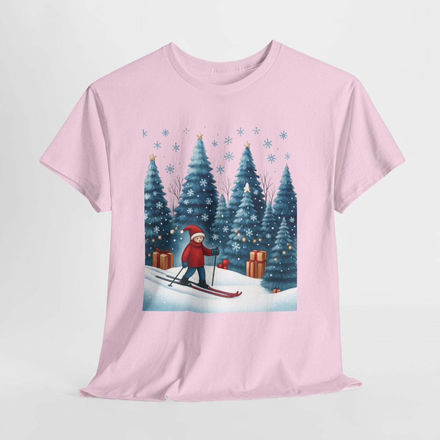 Womens Cute Winter Holiday Graphic Tee, Christmas Skiing T-Shirt, Women's Heavy Cotton Tee