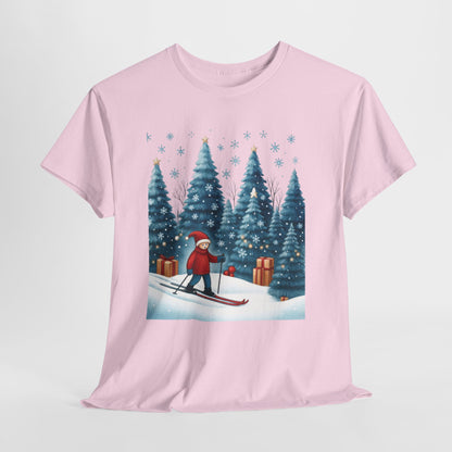 Womens Cute Winter Holiday Graphic Tee, Christmas Skiing T-Shirt, Women's Heavy Cotton Tee