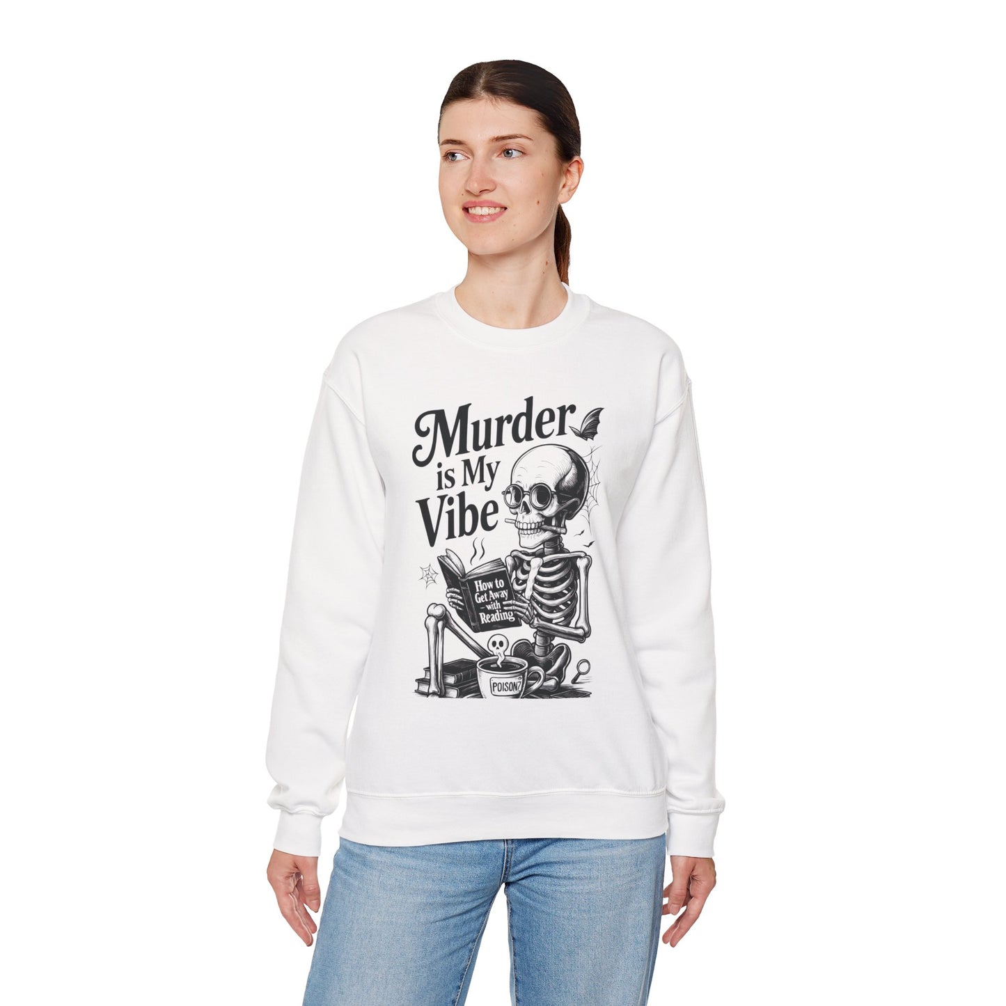Womens Murder is My Vibe Crewneck Sweatshirt, Cozy Gift for Halloween, Unique Sweatshirt, Skull Graphic, Fall Fashion, Unisex Pullover