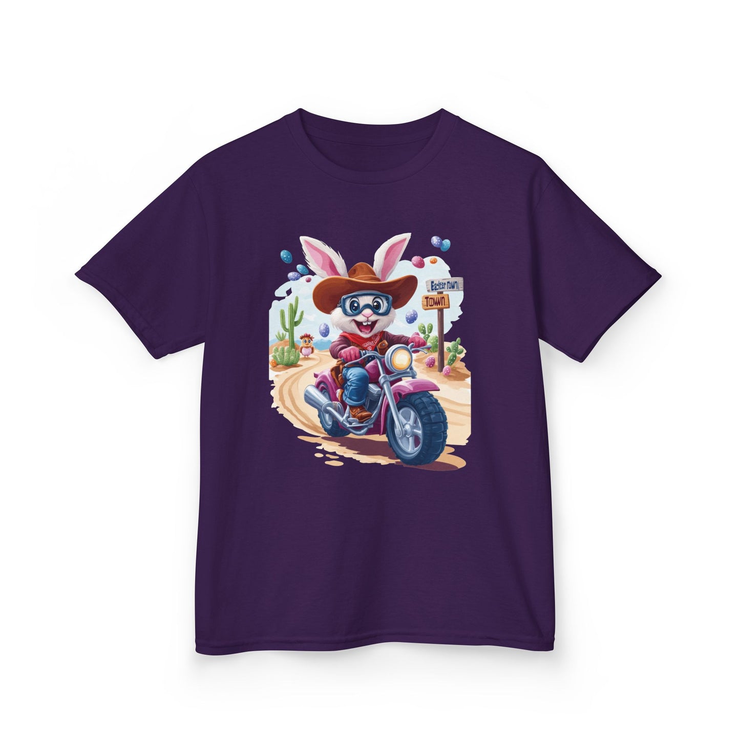 Biker Bunny Kids Tee - Fun Easter Shirt for Boys & Girls, Cute Spring Outfit with Motorcycle Rabbit Heavy Cotton Toddler T-Shirt Bunny Rider