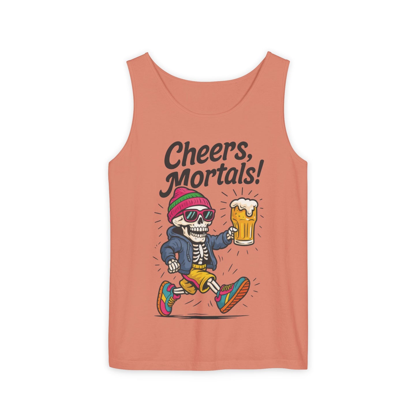 Cheers Mortals! Mens Tank Top, Funny Skeleton Beer Graphic Tee, Drinking Humor Shirt, Party Gift for Him, Halloween Tank,  Beer Lovers Gift