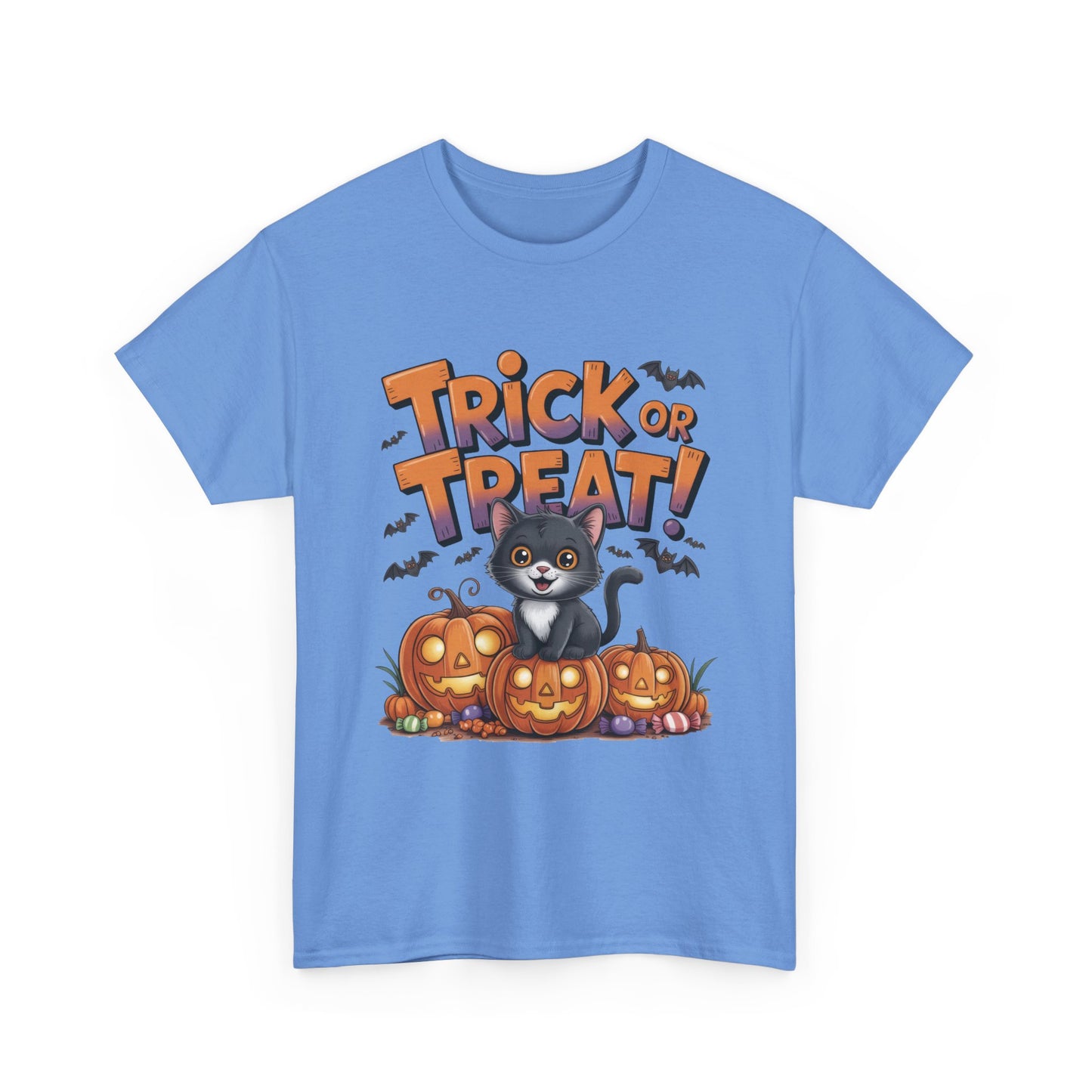 Cute Black Cat Trick or Treat Halloween T-Shirt for Women, Funny Pumpkin Cat Tee, Spooky Fall Shirt, Matching Family Halloween Shirts