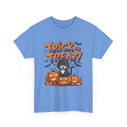 Cute Black Cat Trick or Treat Halloween T-Shirt for Women, Funny Pumpkin Cat Tee, Spooky Fall Shirt, Matching Family Halloween Shirts