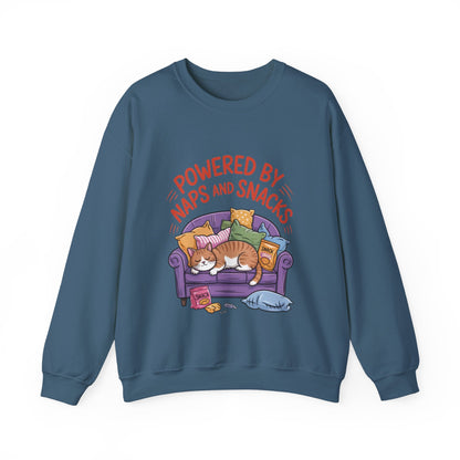 Powered by Naps and Snacks Sweatshirt, Cozy Lounge Crewneck, Gifts for Cat Lovers, Funny Cat Sweatshirt, Casual Everyday Wear