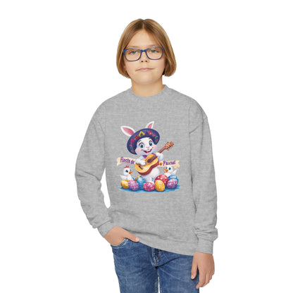 Fiesta de Pascua Bunny Sweatshirt - Mexican Easter Crewneck for Kids, Cute Spring Gift with Guitar Playing Bunny and Colorful Eggs