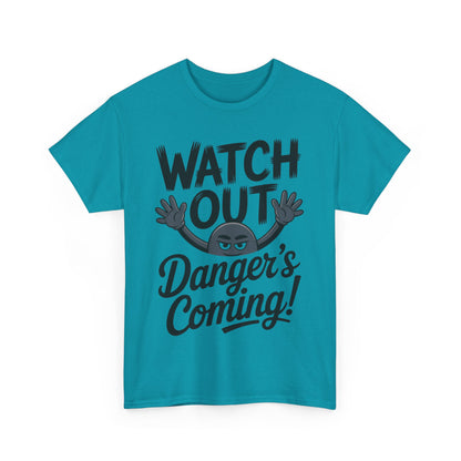 Funny "Watch Out" Cartoon Character T-Shirt, Sketch Style Unisex Heavy Cotton Tee, Minimalist Humorous Graphic Tee, Gift for Him/Her