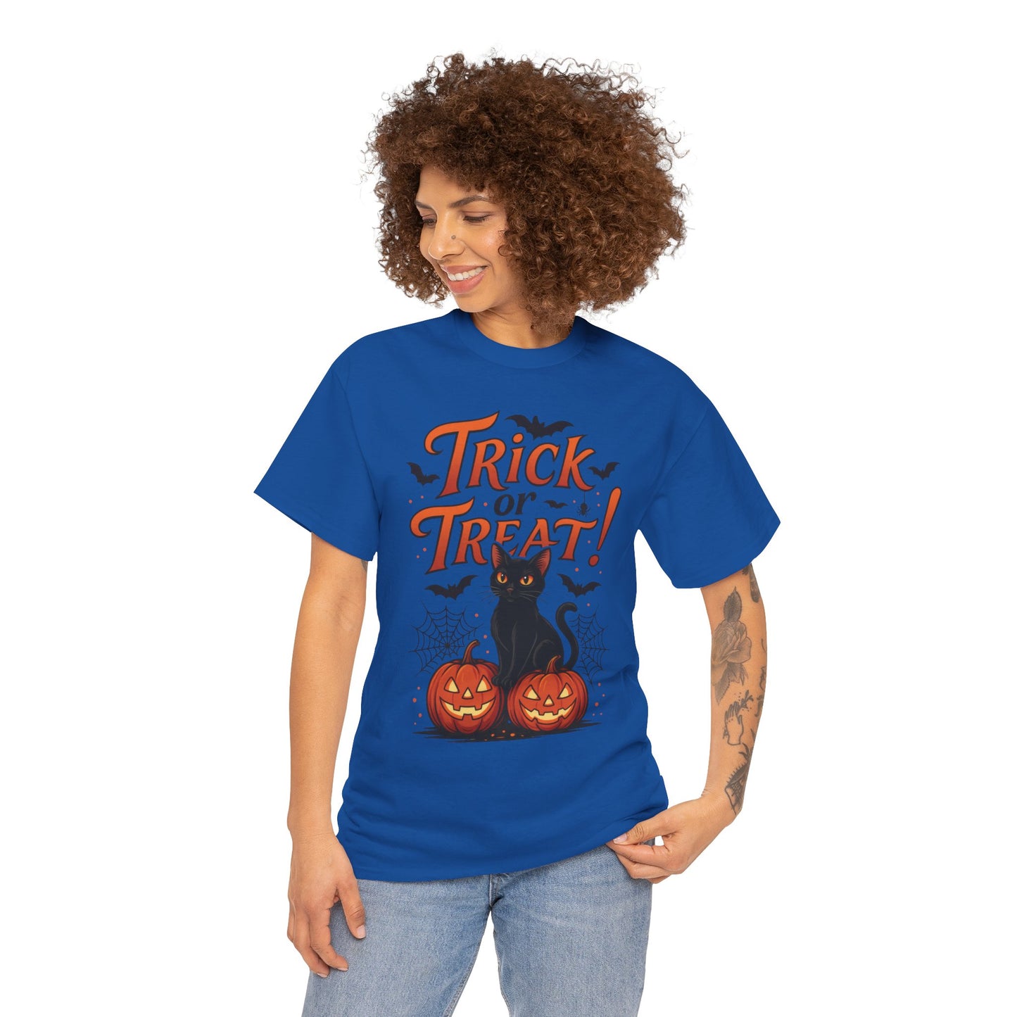 Trick or Treat Black Cat Halloween T-Shirt for Women, Spooky Cute Pumpkin Cat Tee, Fall Halloween Outfit Gift, Vintage Witchy Top