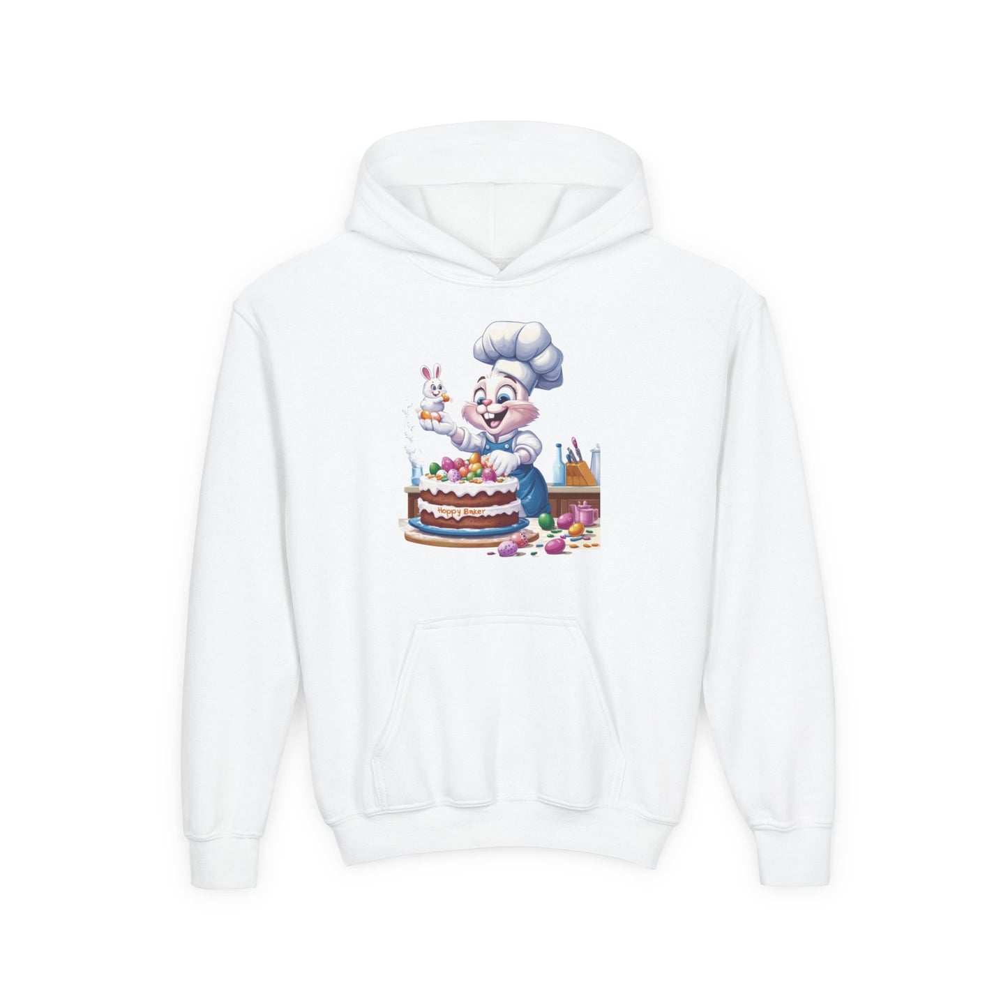 Hoppy Baker Easter Bunny Kids Hoodie - Cute Chef Bunny with Cake Design, Fun Spring Sweatshirt, Colorful Holiday Gift for Children