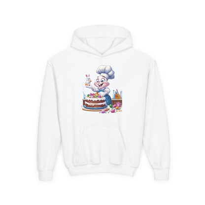 Hoppy Baker Easter Bunny Kids Hoodie - Cute Chef Bunny with Cake Design, Fun Spring Sweatshirt, Colorful Holiday Gift for Children